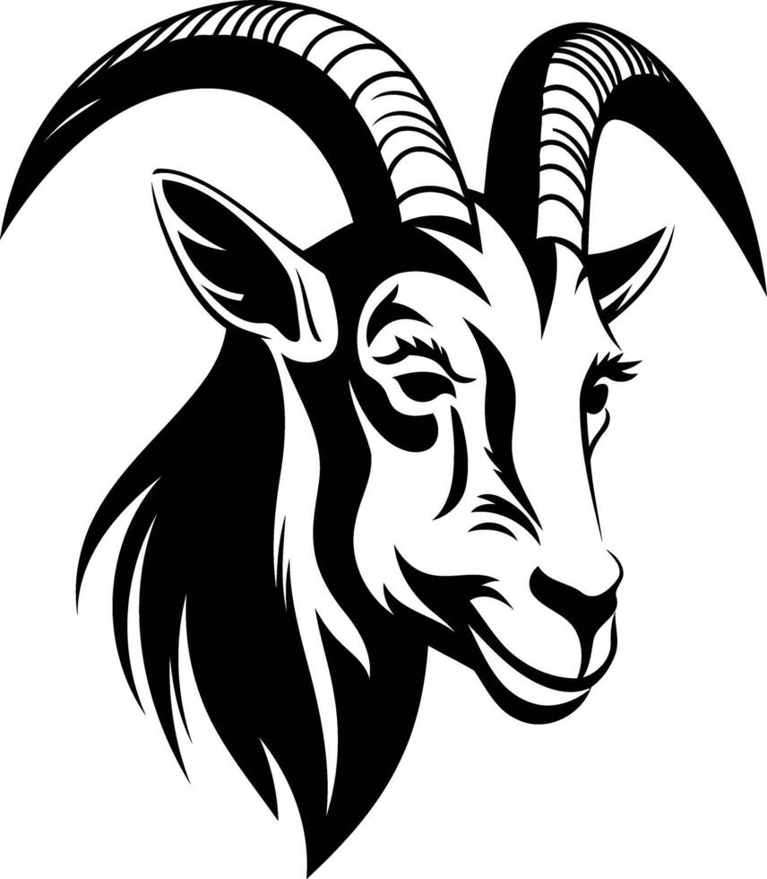 Black and white illustration of a goat's head vector