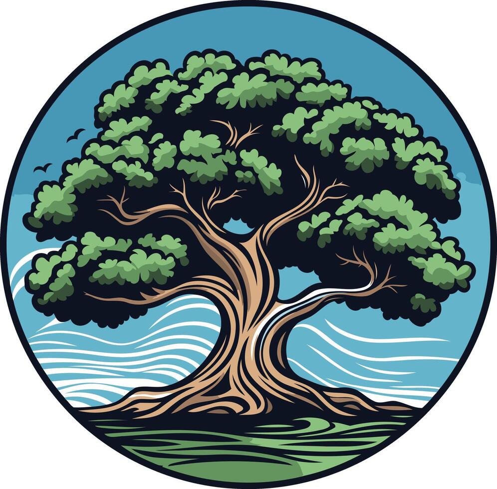 A Large Tree with Lush Green Foliage in a Circular Frame vector