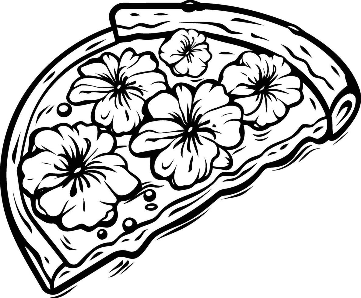 A black and white illustration of a single slice of pizza with floral toppings vector