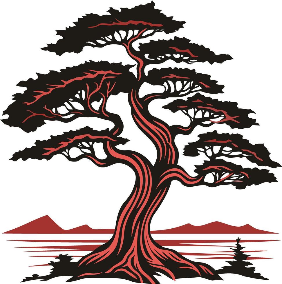 Silhouette of a Bonsai Tree Against a Mountainous Background vector