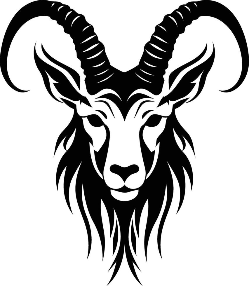 A bold and striking black and white illustration of a goat's head, perfect for tattoo designs, branding, or any project requiring a powerful and symbolic image vector