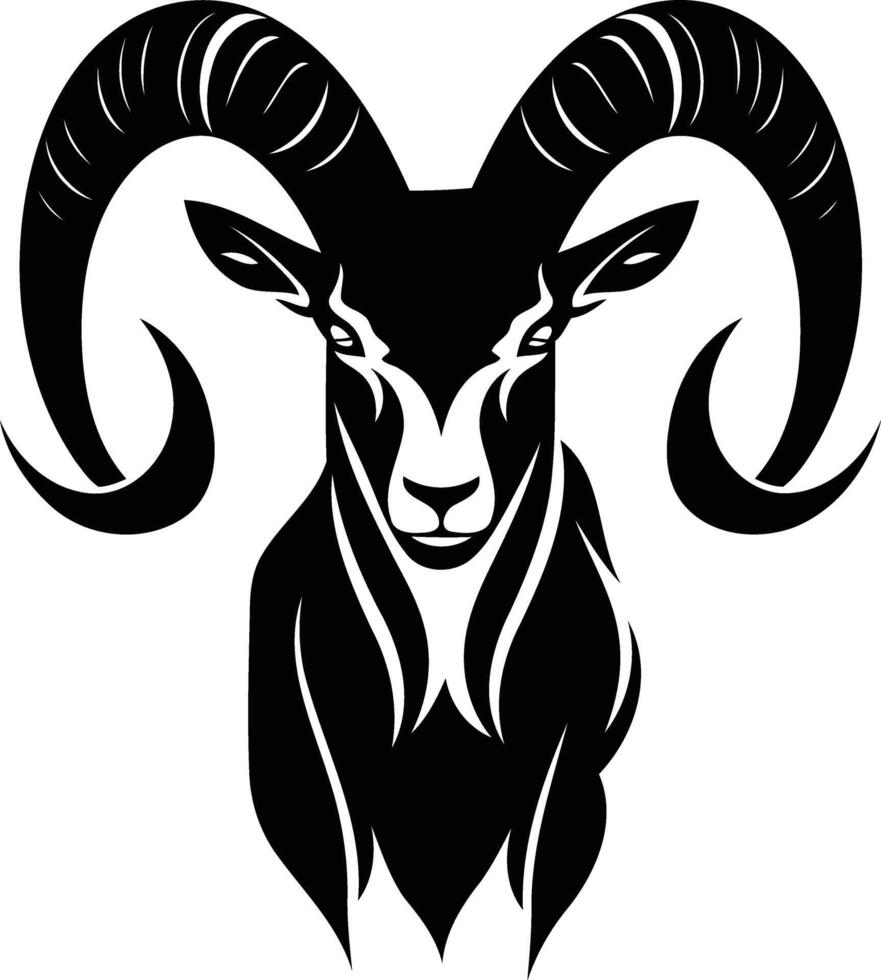 Black and white illustration of a ram or mountain goat head with large horns vector