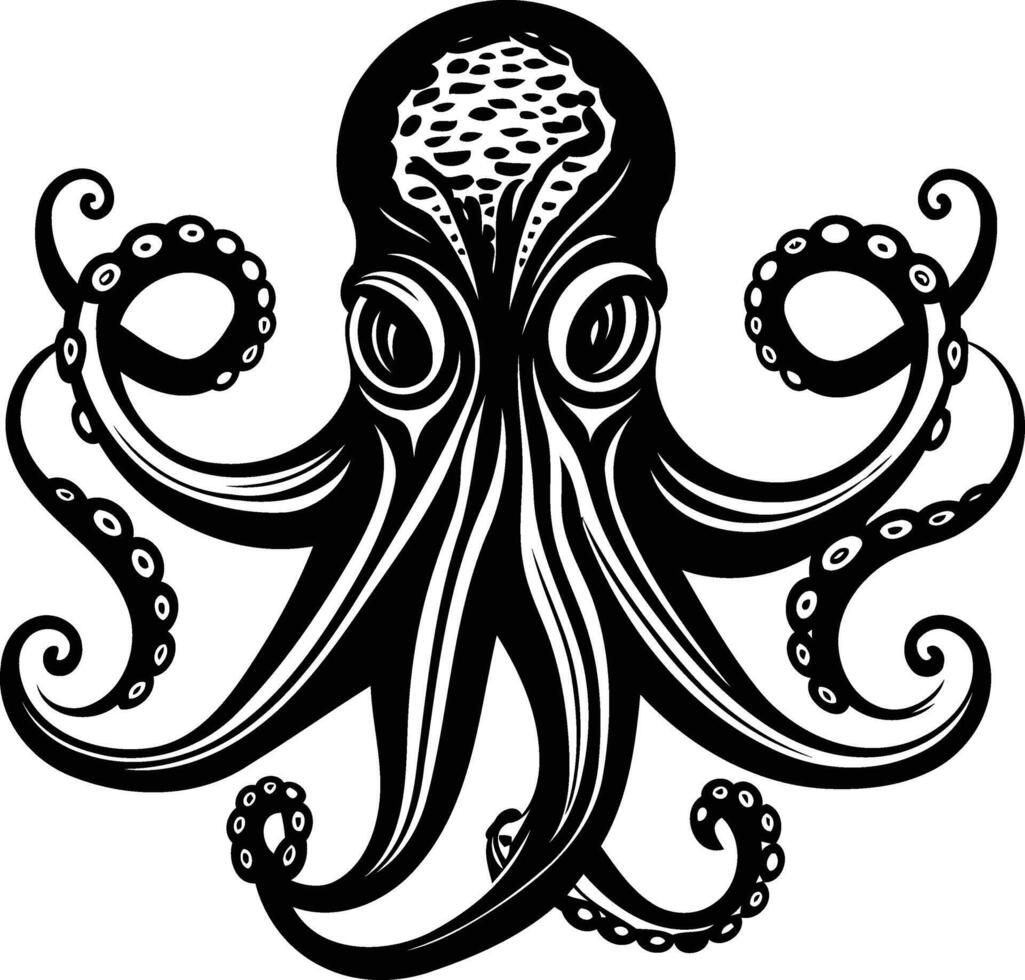 Black and white illustration of a stylized octopus with detailed tentacles, perfect for tattoo designs, t shirt prints, and marine themed projects vector