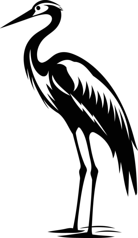 A striking black and white illustration of a heron standing tall and graceful, perfect for nature, wildlife, and animal themed projects vector