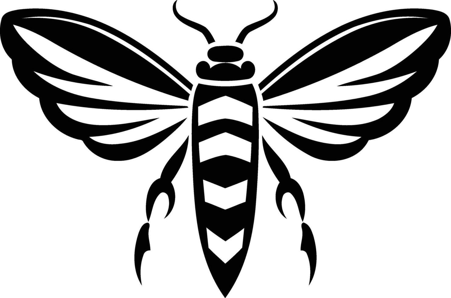 Black and white stylized illustration of a moth with intricate wings and a bold, geometric body vector