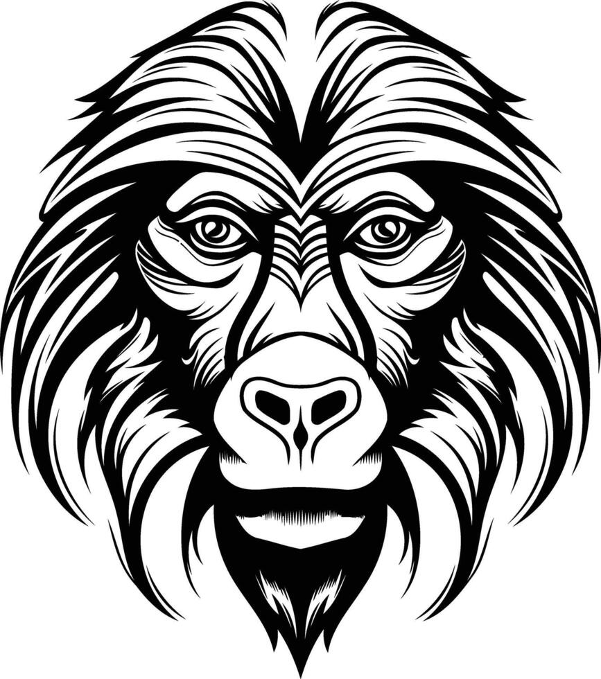 A striking black and white illustration of a monkey's face, perfect for tattoo designs, animal print, or logo inspiration vector