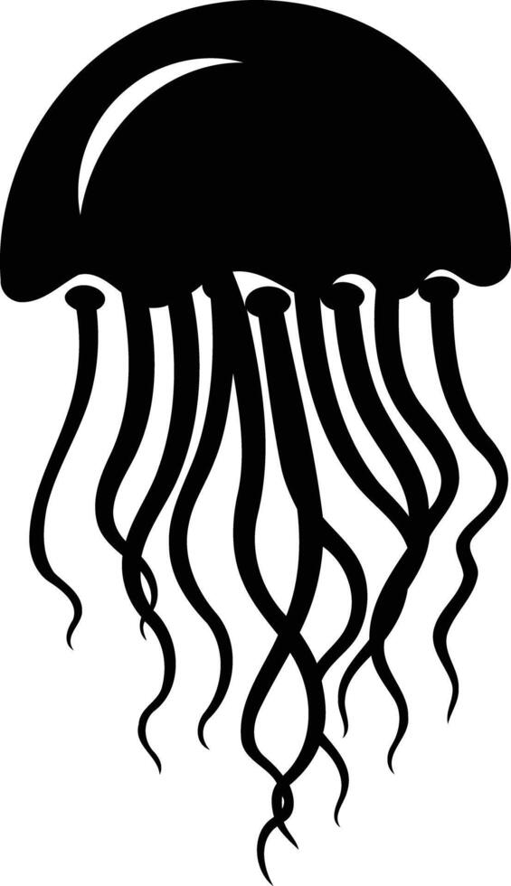 Simple, bold black silhouette of a jellyfish with flowing tentacles vector