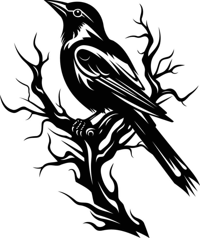 Black and white silhouette illustration of a bird perched on a branch, perfect for tattoo designs, branding, or dark art projects vector