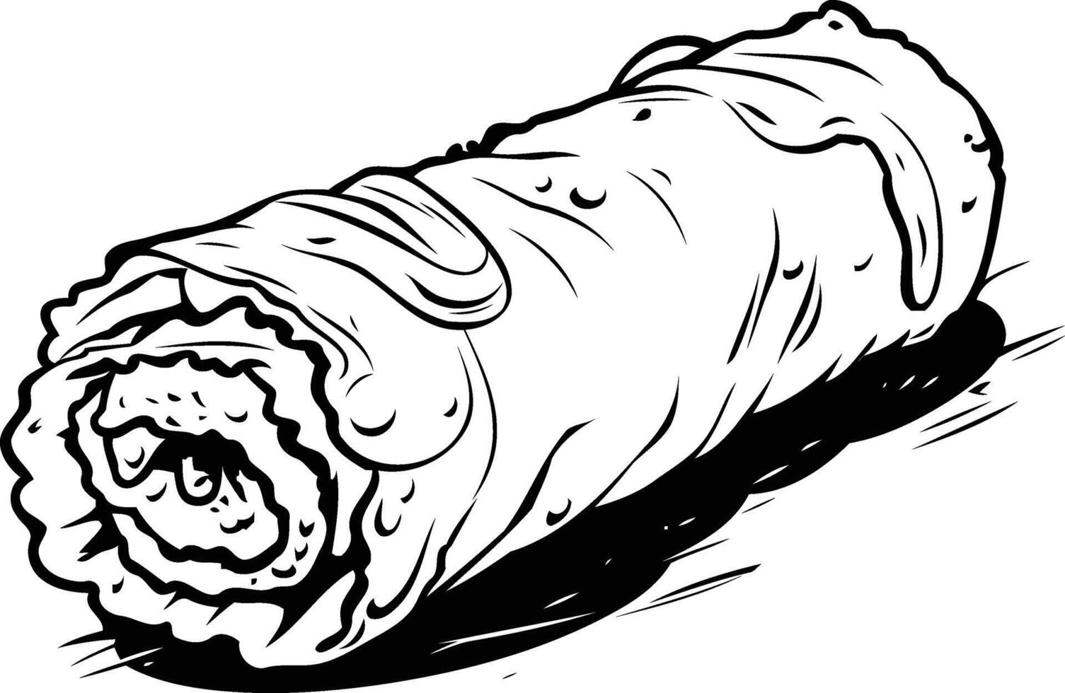 A cartoon illustration of a burrito, drawn in black and white vector