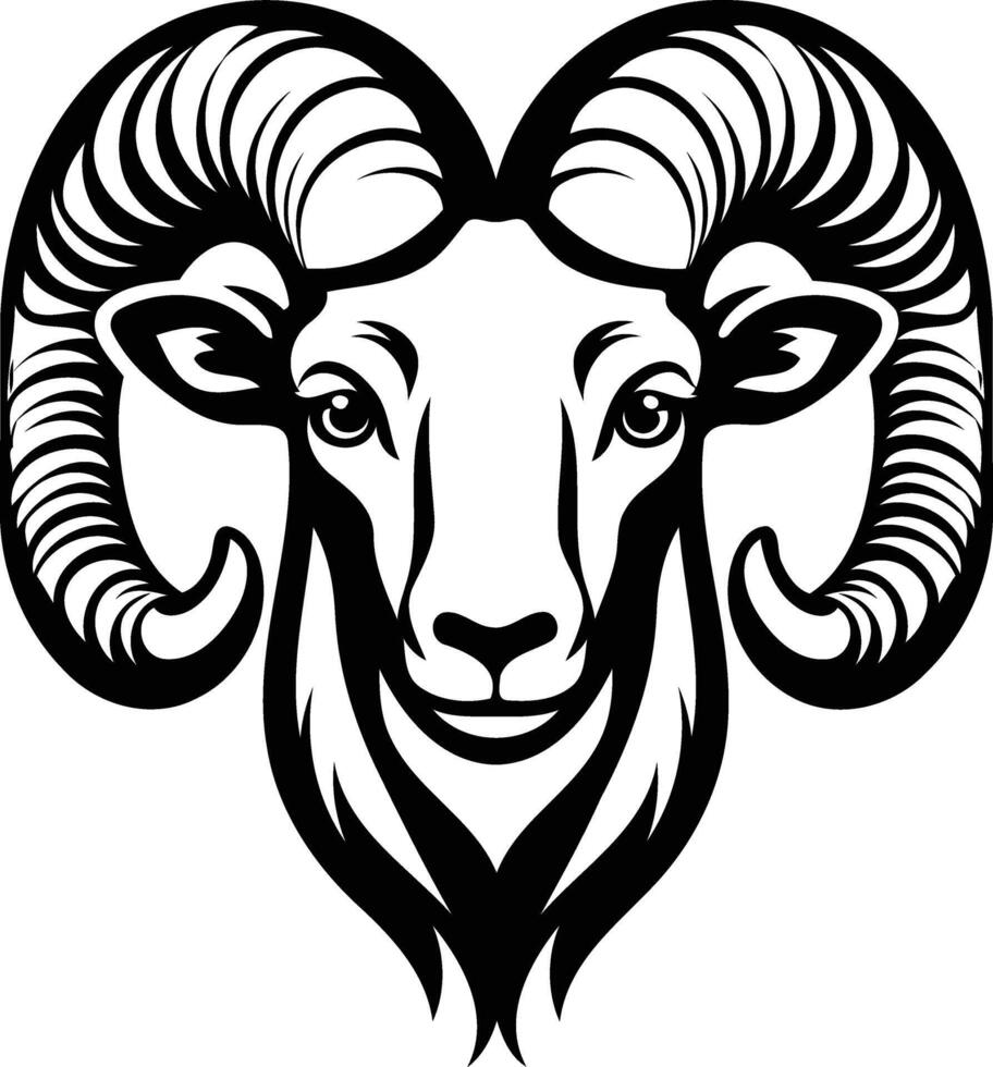 Black and white illustration of a ram's head, featuring intricate details of the horns and face vector