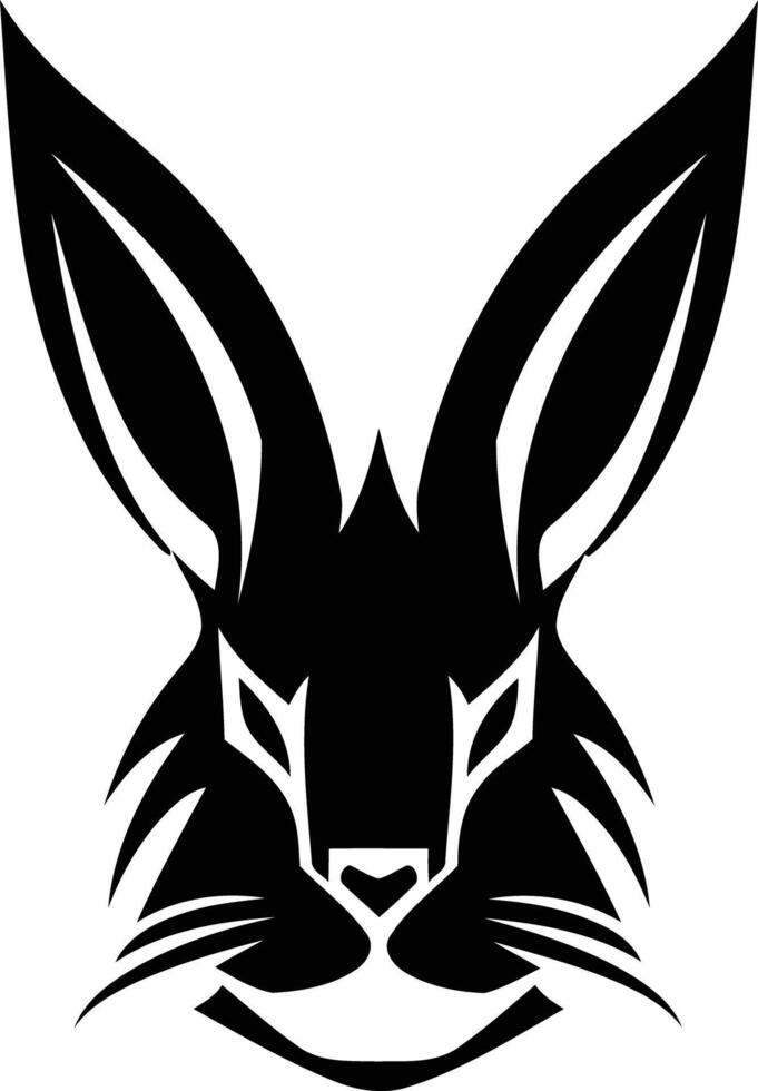 A striking black and white illustration of a rabbit's face, designed in a bold, tribal style vector