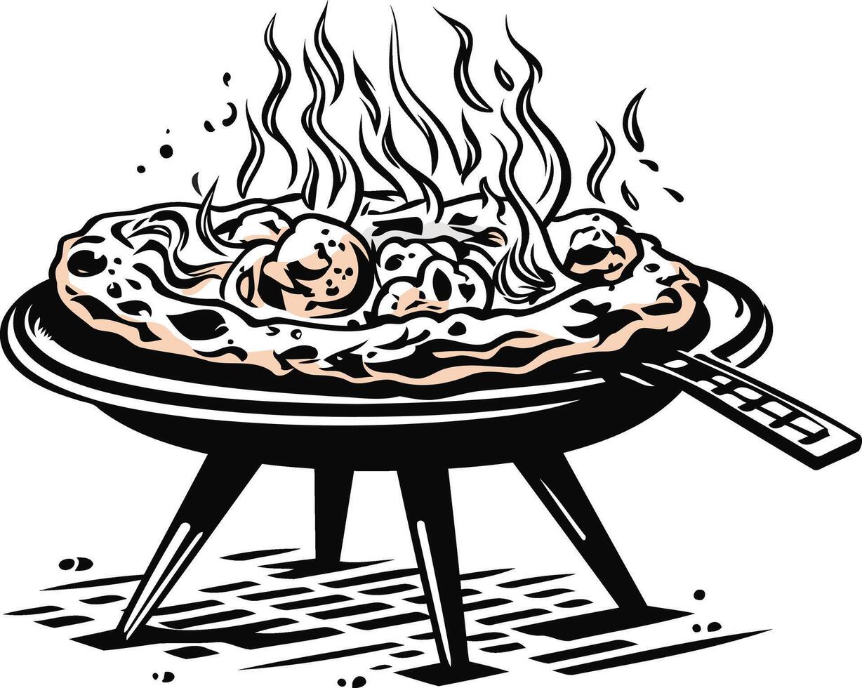 Pizza on a Brazier with Flames Illustration vector