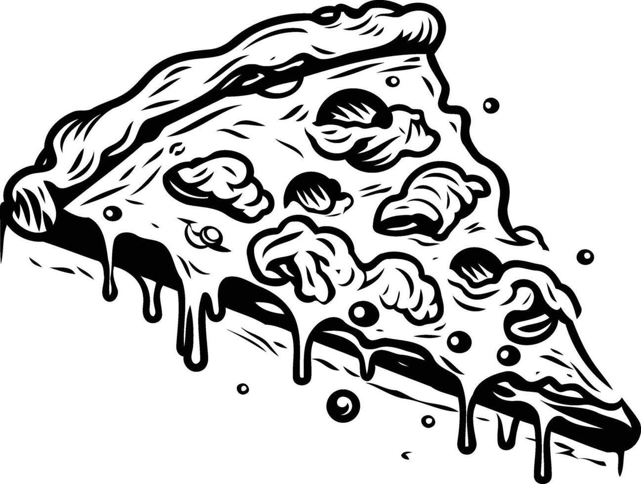 A deliciously cheesy pizza slice with dripping sauce, illustrated in bold black and white vector