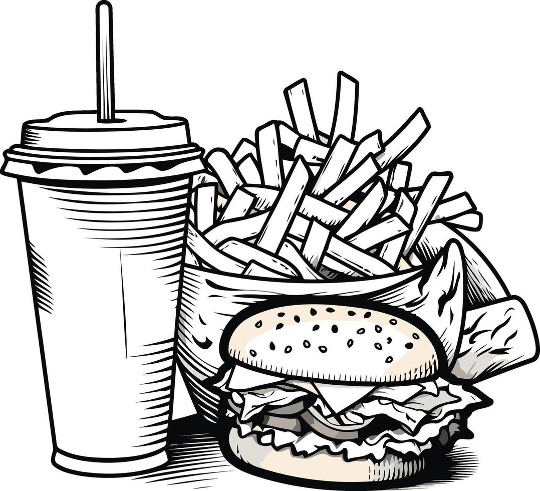 Classic Burger, Fries, and Drink Illustration vector
