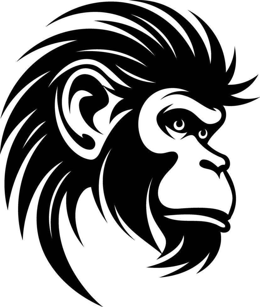 A powerful and dramatic black and white illustration of a monkey head, perfect for tattoo designs, t shirts, or branding vector