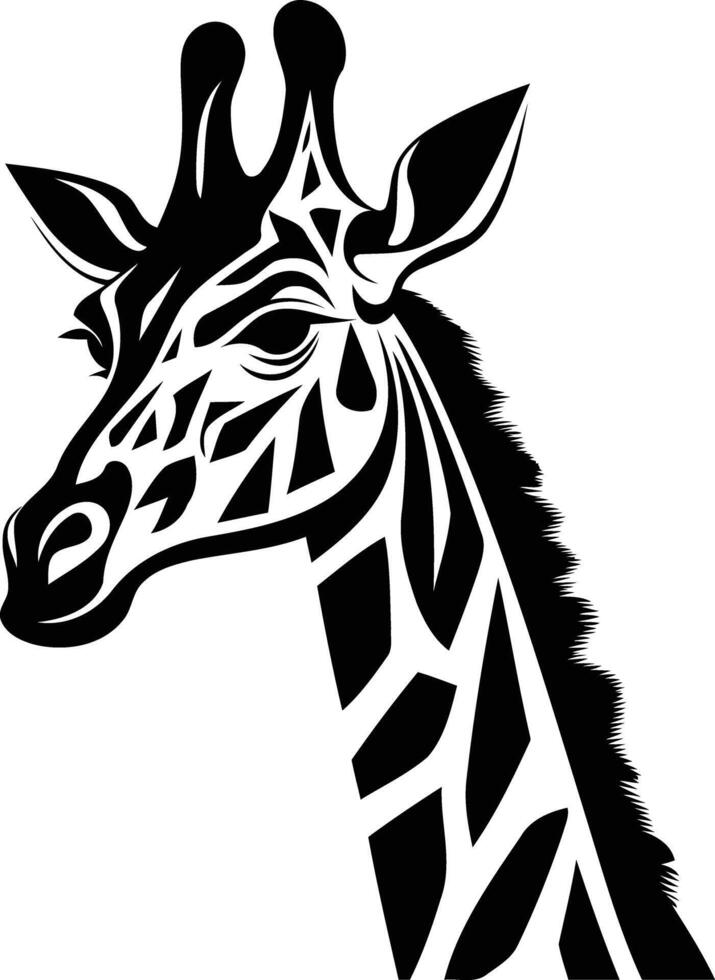 A striking black and white silhouette of a giraffe's head, perfect for designs requiring a bold and elegant animal motif vector