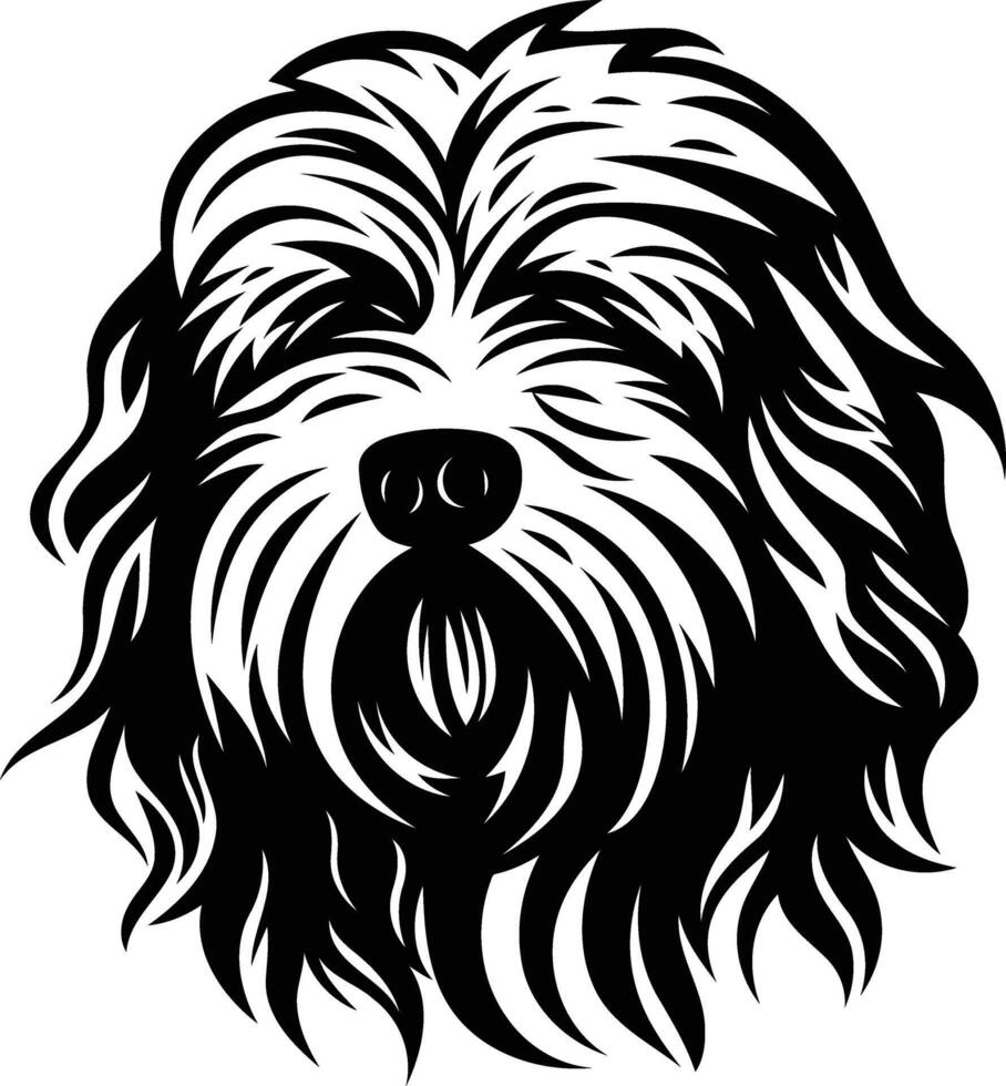 A striking black and white illustration of a shaggy dog's head, perfect for pet themed designs, tattoos, or branding vector