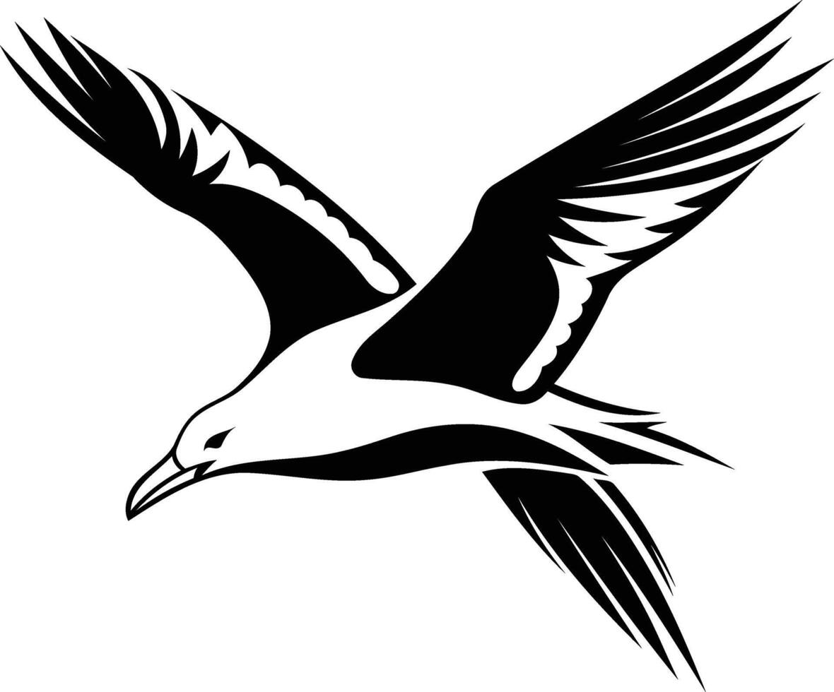 Simple, elegant black and white silhouette of a seagull in flight, perfect for designs, tattoos, and branding vector