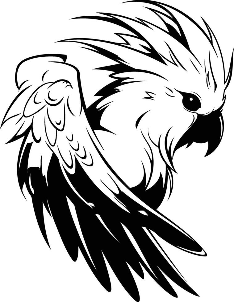 Black and white illustration of a parrot with its wing spread out vector
