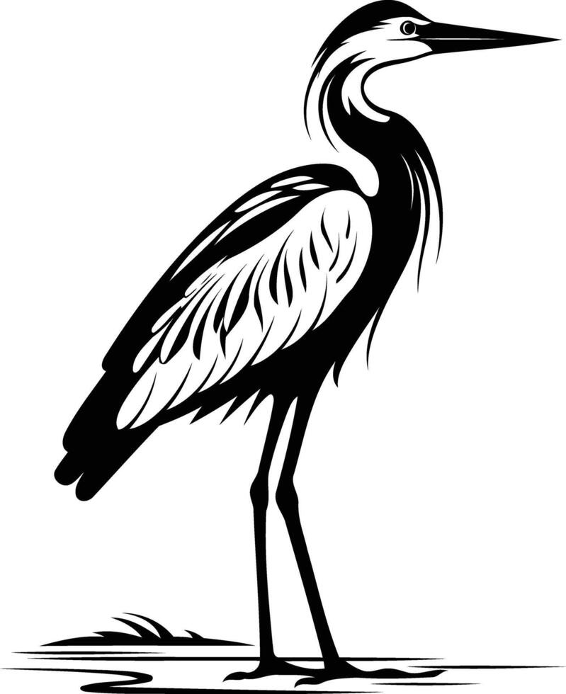Elegant black and white illustration of a heron standing on one leg, perfect for nature, wildlife, or tattoo designs vector