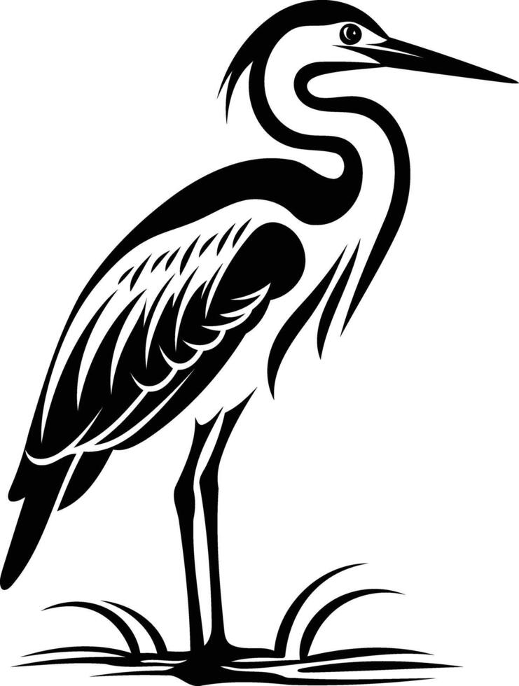 Elegant black and white silhouette of a heron standing in water vector