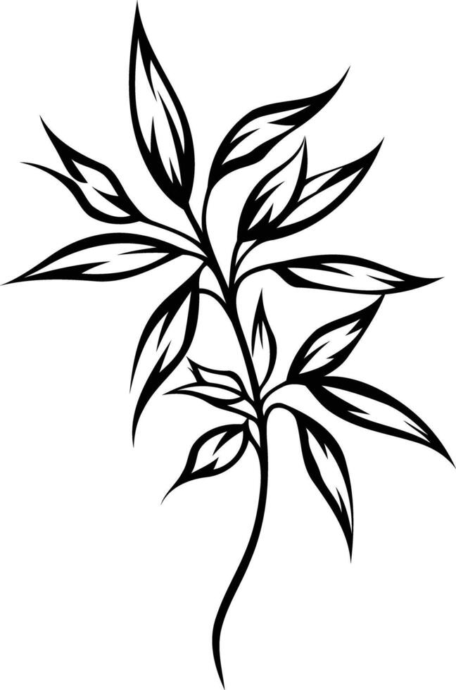 Simple black and white illustration of a delicate leafy branch, perfect for minimalist designs, tattoos, and botanical illustrations vector