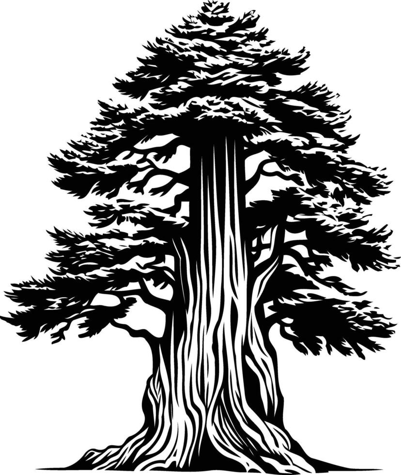 A striking black and white illustration of a majestic tree, emphasizing its strong trunk and expansive branches vector