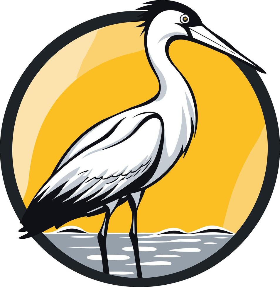 A White Heron Standing Tall in a Yellow Circle vector