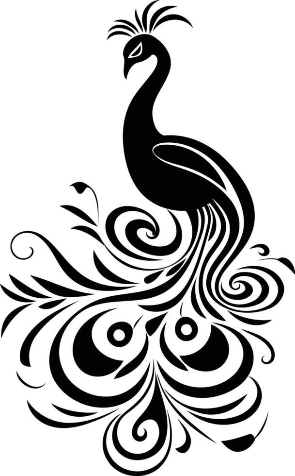 Elegant peacock silhouette with ornate tail feathers, perfect for tattoos, logos, and design projects vector