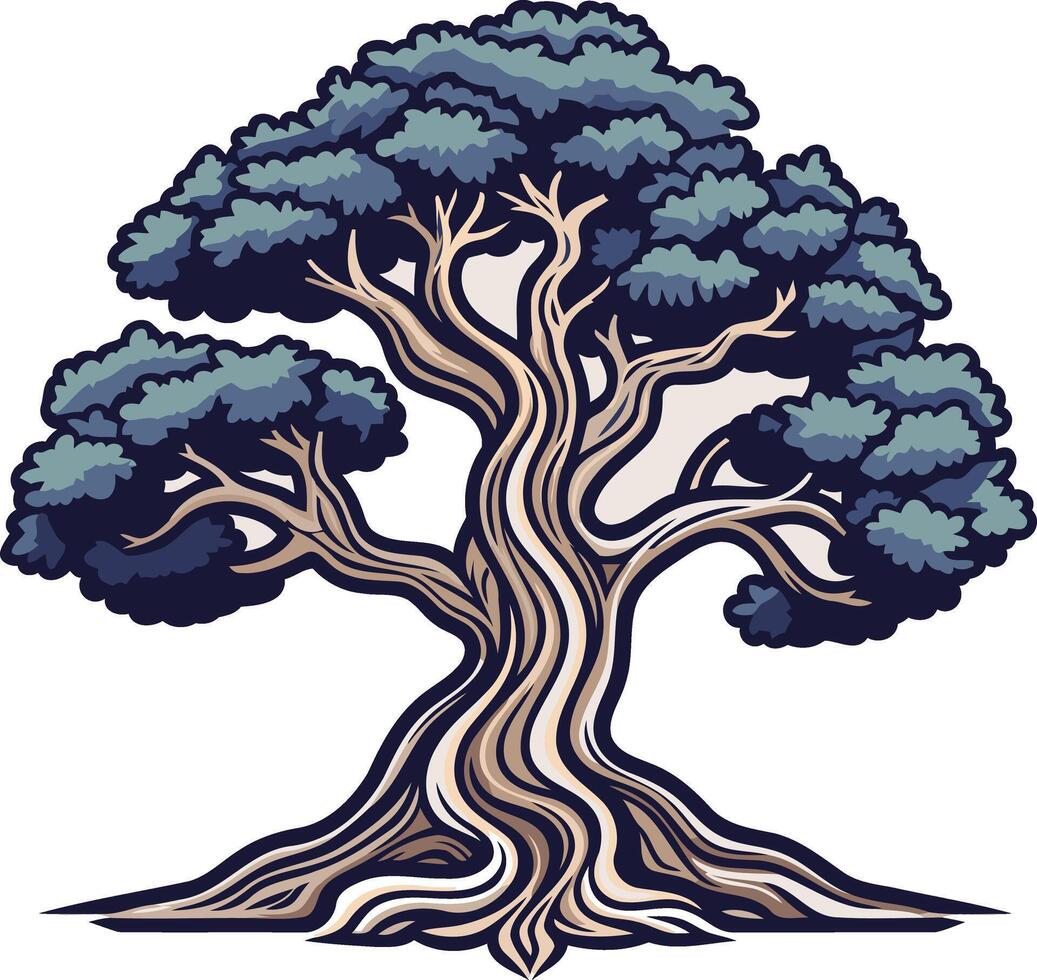 Ancient Tree Illustration with Blue Foliage vector