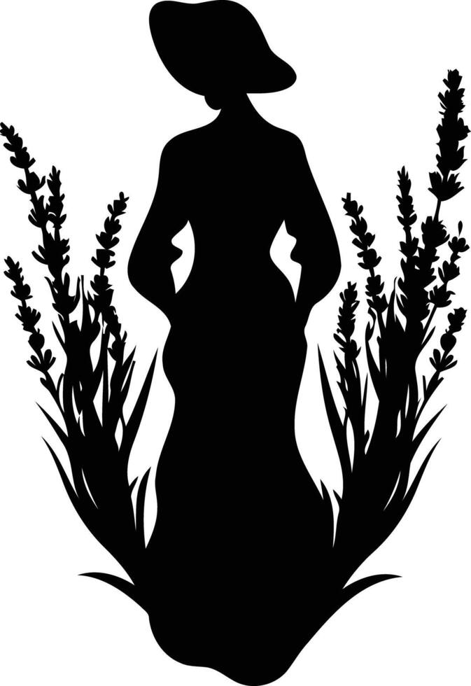 Elegant silhouette of a woman in a hat standing amongst lavender flowers vector