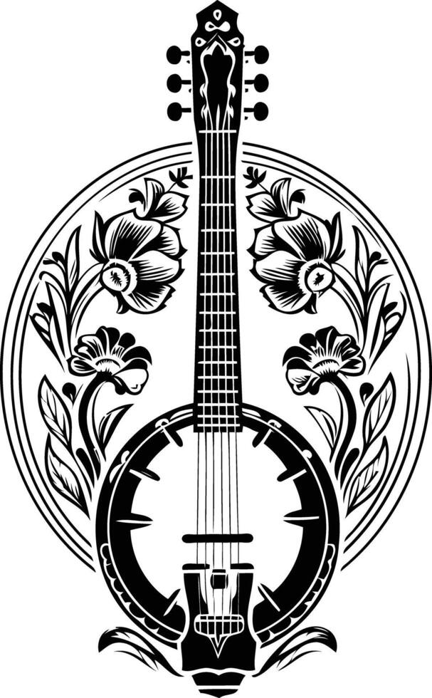 A striking black and white illustration of a banjo with intricate floral designs vector