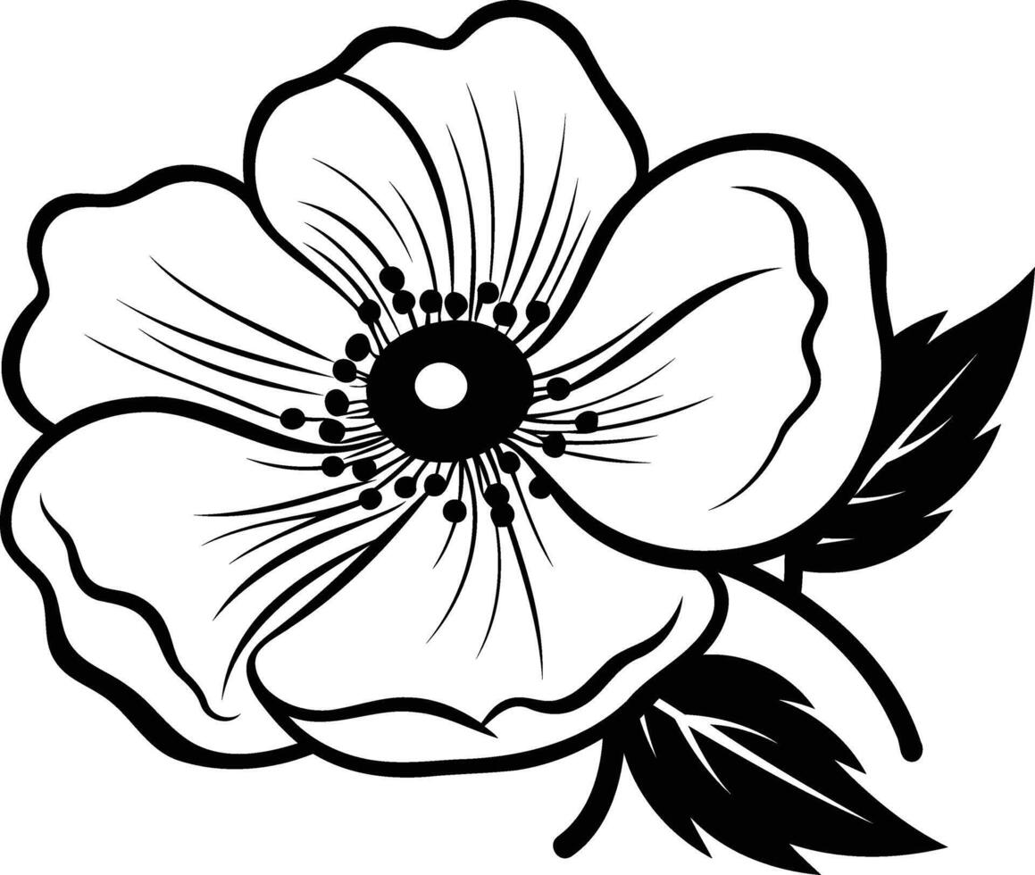 Black and white illustration of a single poppy flower with two leaves vector