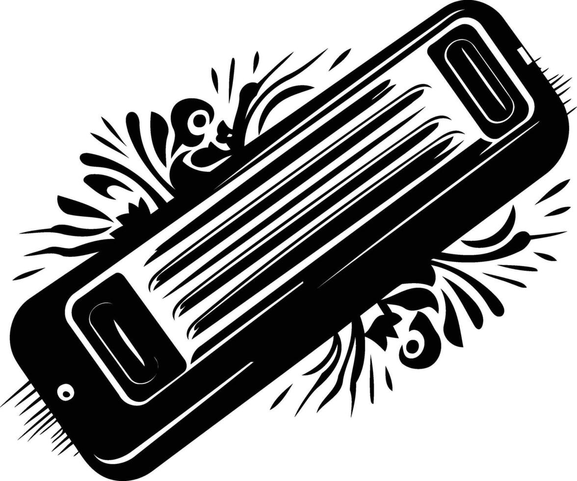 Black and white illustration of a vintage razor blade with ornate floral details vector