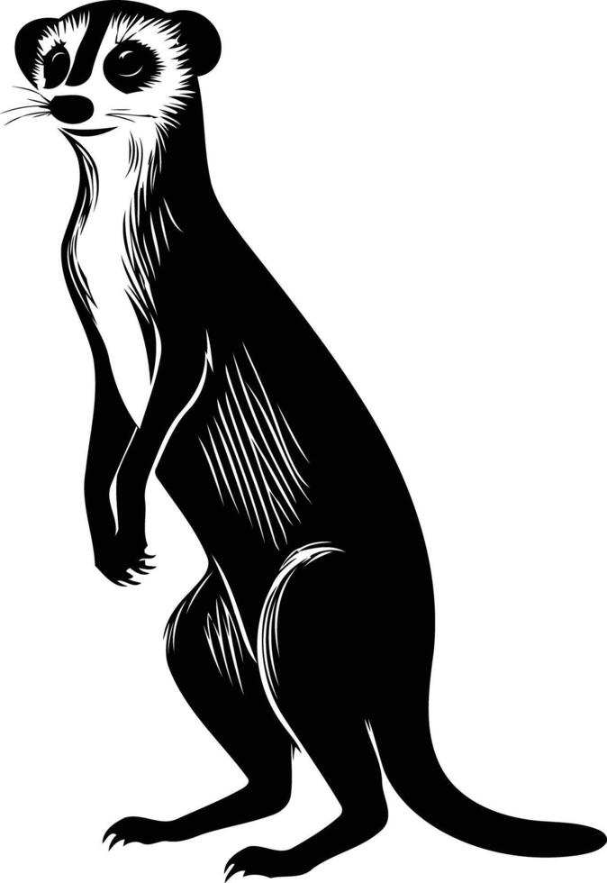 A striking black and white silhouette of a meerkat standing tall, showcasing its alert stance and characteristic curious gaze vector