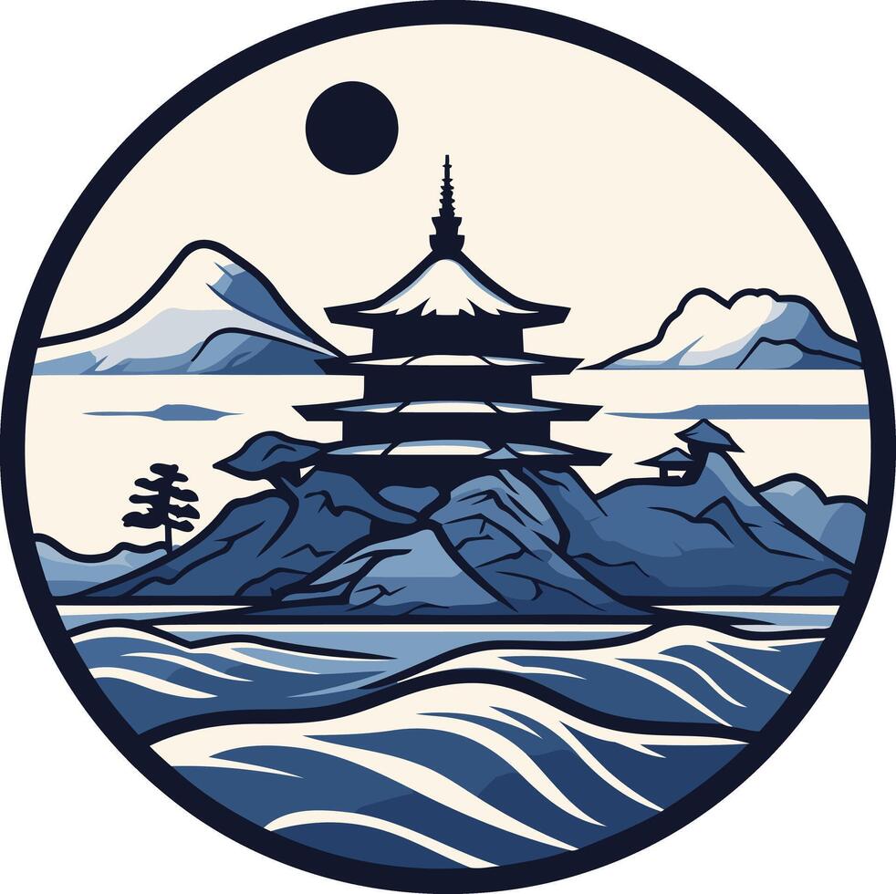 Japanese Temple on a Mountain Island in Blue Tones vector