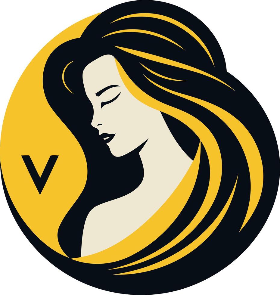 Stylish Woman With Long Hair in Yellow Circle vector