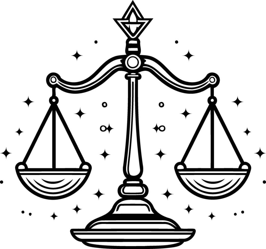 A stylish, black and white illustration of a scale with a celestial design vector
