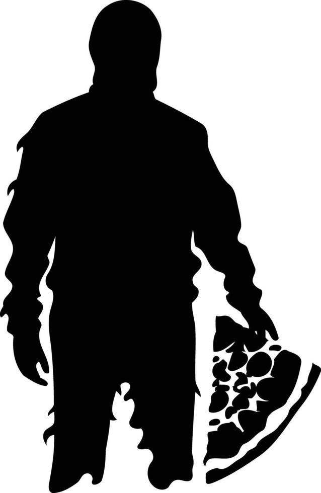 A mysterious silhouette of a person holding a pizza, perfect for creating a spooky, funny, or thought-provoking design vector