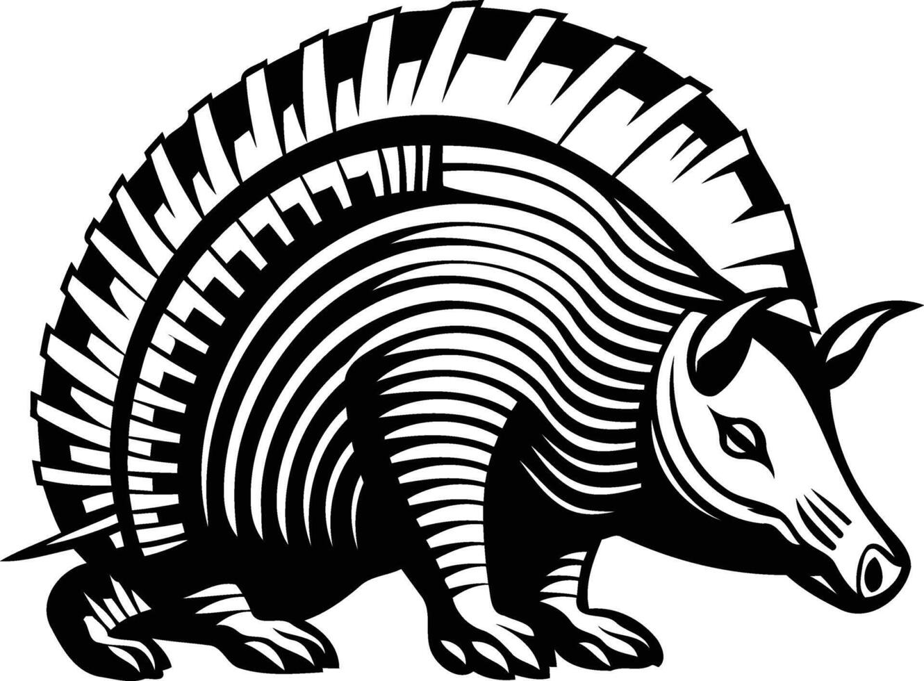 A striking black and white illustration of an armadillo, with a stylized, geometric design vector