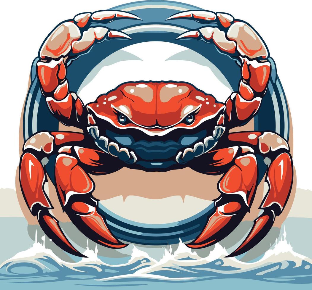 Crab Illustration with Circle Frame and Ocean Waves vector