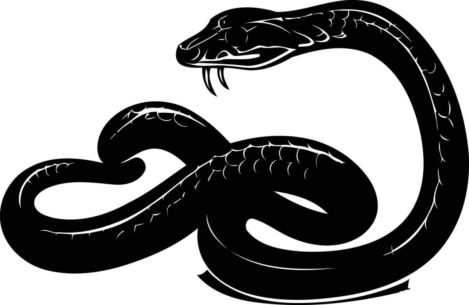 Black and white silhouette of a coiled snake with a raised head vector