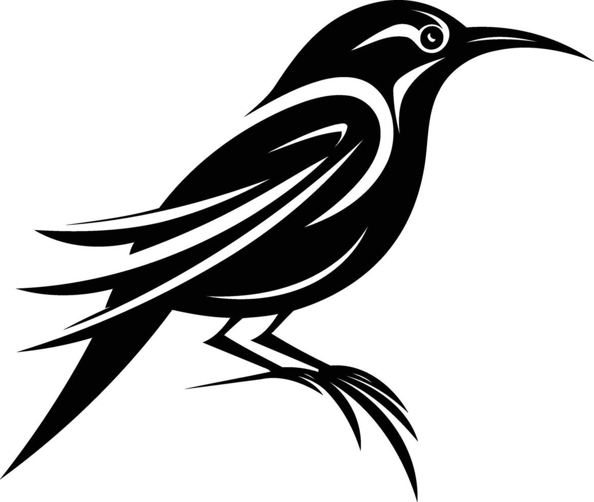 Stylized black and white silhouette of a bird, perfect for tattoo design, logo inspiration, or nature themed projects vector