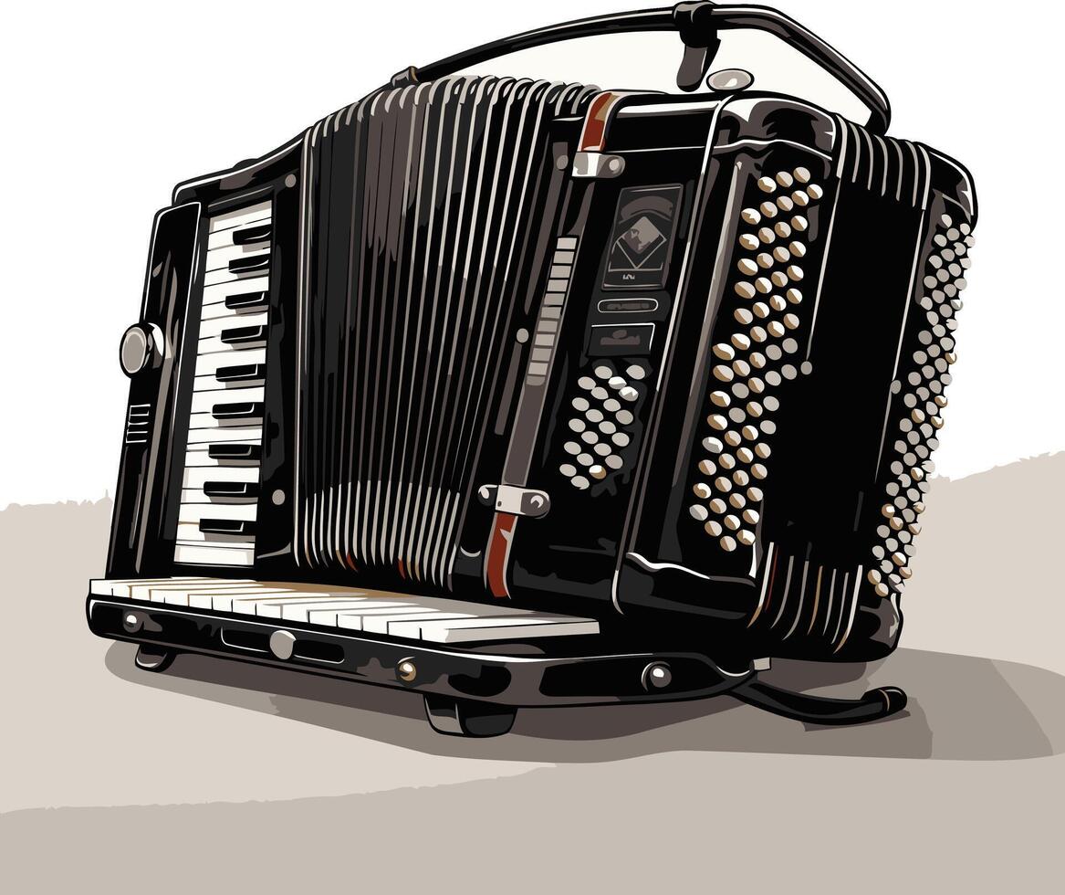 Black Accordion with White Keys and a Brown Strap vector