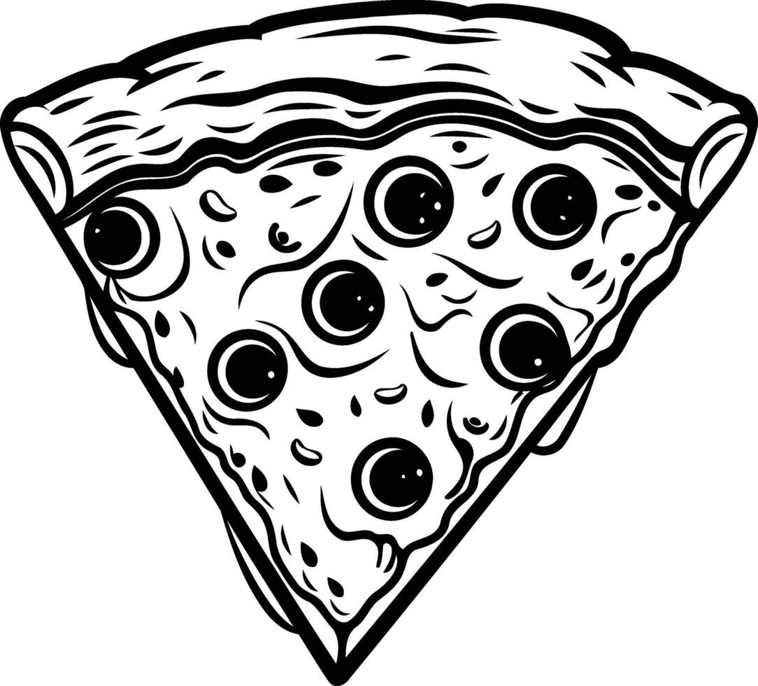 A classic black and white illustration of a single slice of pizza with olives vector