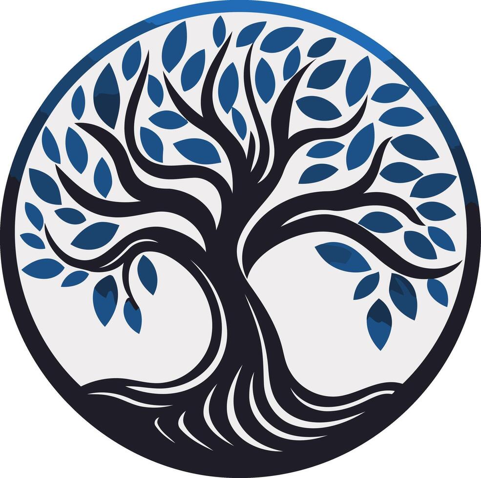 Tree of Life with Blue Leaves in a Circle vector