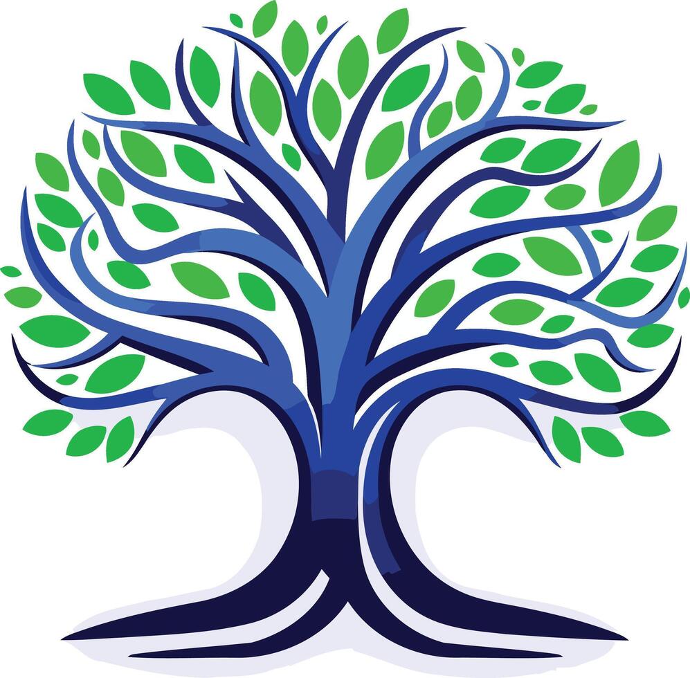 Stylized Tree with Blue Trunk and Green Leaves vector