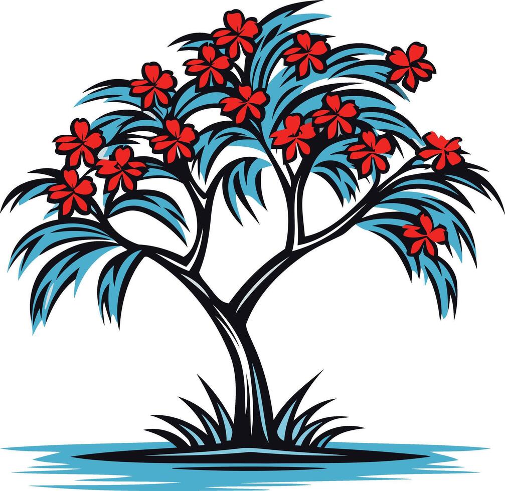 Stylized Tree with Red Flowers and Blue Foliage vector