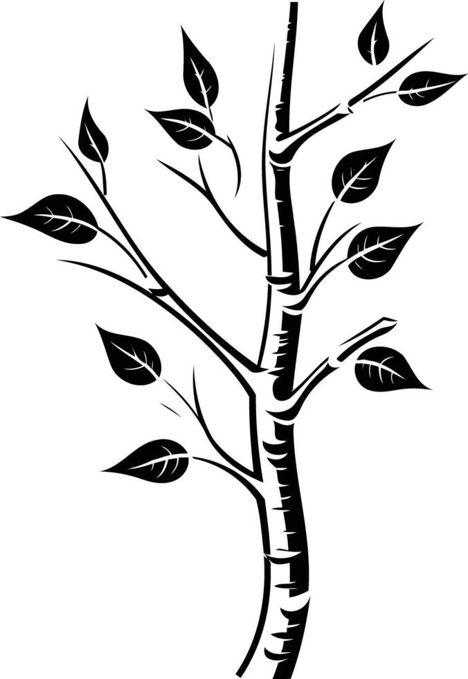 Simple, elegant black and white illustration of a small tree branch with leaves vector