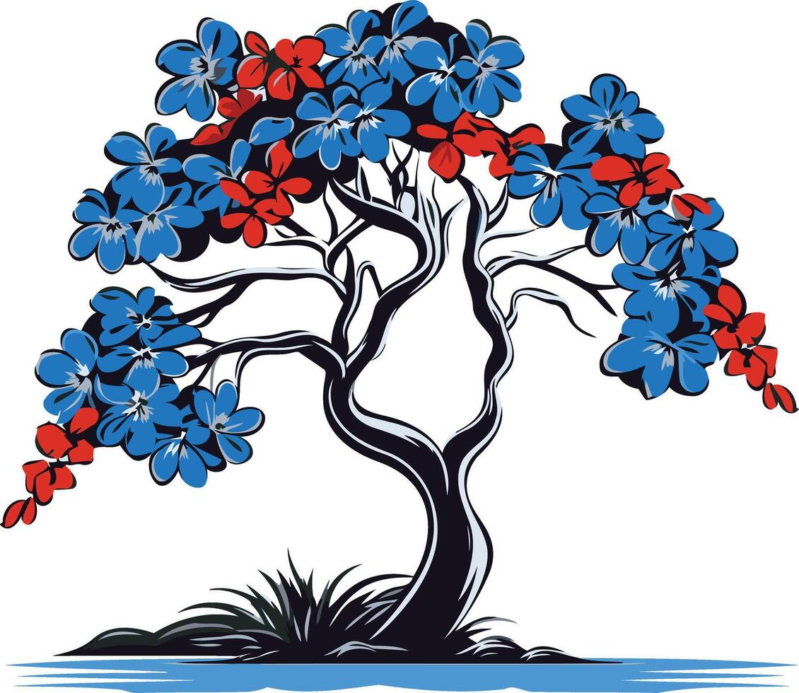 Blue and Red Blooming Bonsai Tree vector